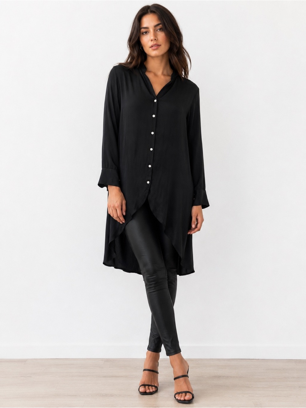 La Garconne Black Draped Button Front Long Sleeve High Low Silk Blend Tunic Top